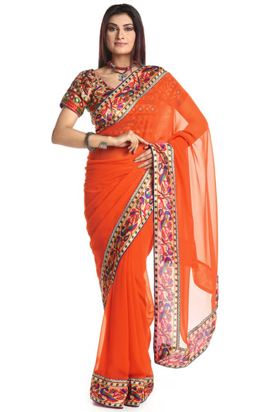 Chhabra 555 Orange Georgette Party Wear Saree With Paithani Blouse & Border