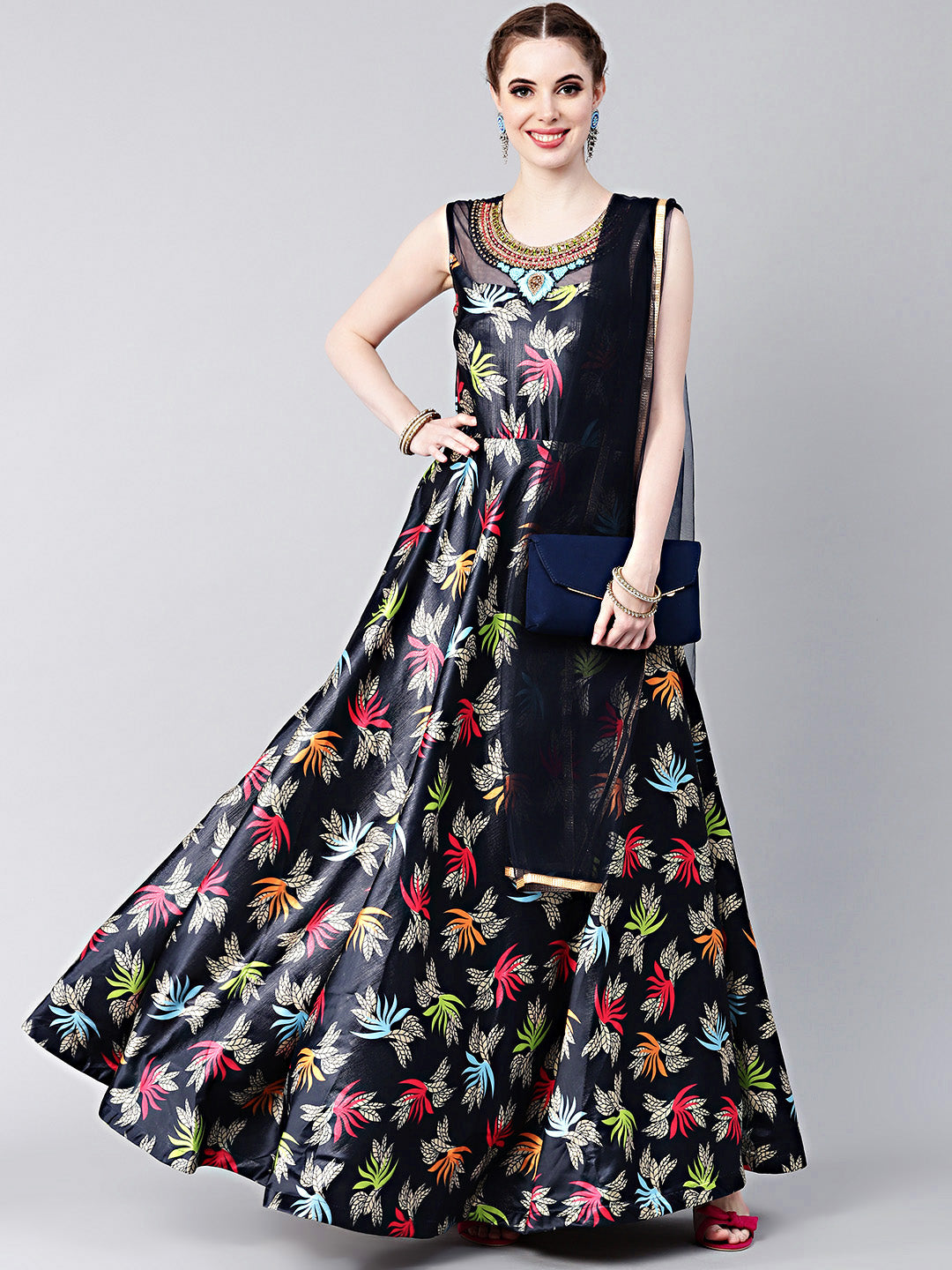 Chhabra 555 Made-to-Measure Blue Embellished Anarkali Gown with Floral Digital Print and Dupatta