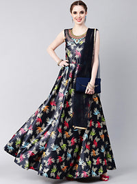 Chhabra 555 Made-to-Measure Blue Embellished Anarkali Gown with Floral Digital Print and Dupatta