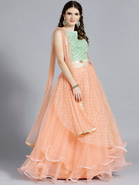 Chhabra 555 Checkered Peach color Lehenga with sequin embroidery and Contrast Green Resham and Zircon Embroidered Green blouse