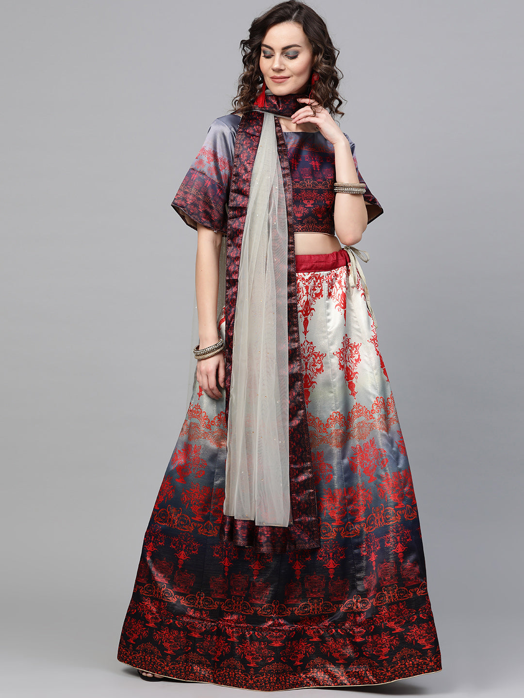Chhabra 555 Blue Satin Silk Semi-stitched Digital Print Lehenga Set with Mughal Motifs