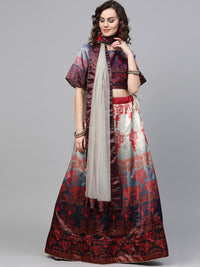 Chhabra 555 Blue Satin Silk Semi-stitched Digital Print Lehenga Set with Mughal Motifs