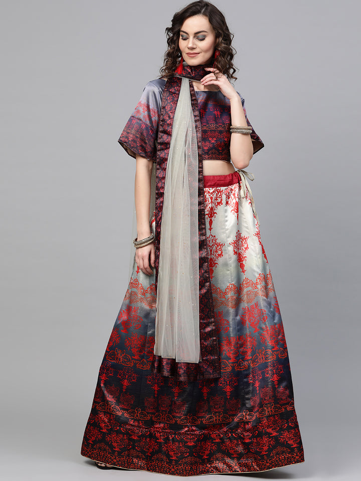 Chhabra 555 Blue Satin Silk Semi-stitched Digital Print Lehenga Set with Mughal Motifs
