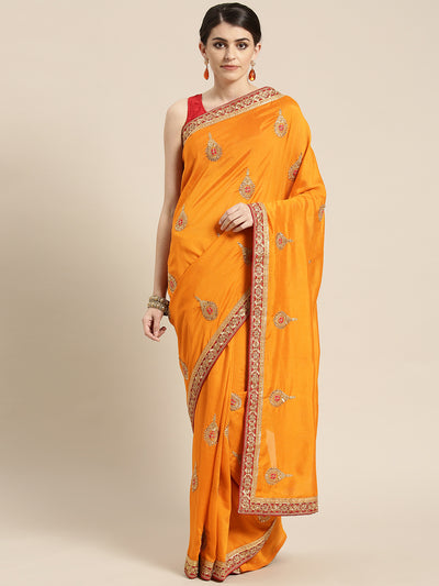 Chhabra 555 French SIlk Embroidered Saree with Golden Zari border and crystal embellishments