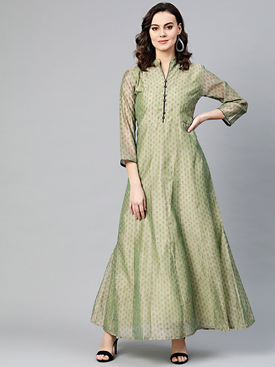 Chhabra 555 Made to Measure Anarkali Printed Kurta Dress with pearl embellishments and Ikat inspired floral print