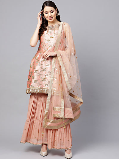 Chhabra 555 Made to Measure Peach Kurta Sharara Set with Zari Sequin Embroidery