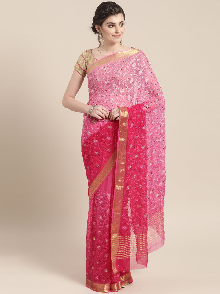 Chhabra 555 Chiffon Crystal Embellished Bandhej Saree with Resham Embroidered Floral Motifs