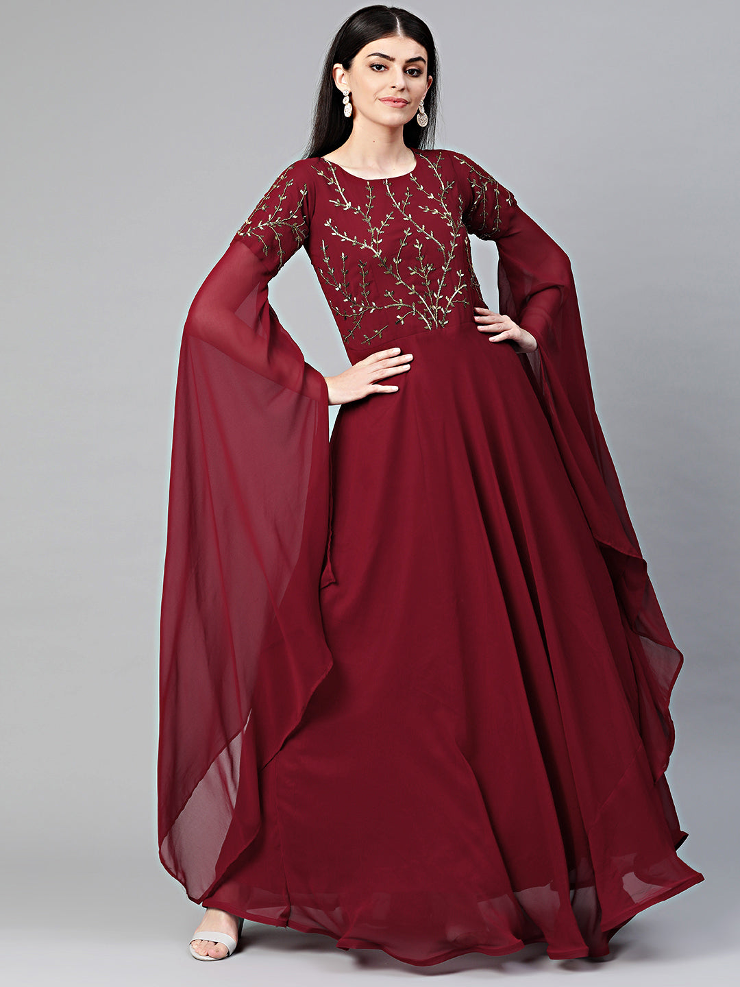 Chhabra 555 Made to Measure Georgette Anarkali Cocktail Gown with Aari, Cutdana embroidery and Batwing Sleeves