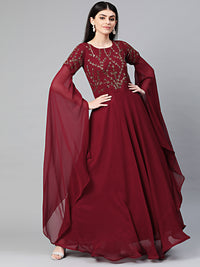 Chhabra 555 Made to Measure Georgette Anarkali Cocktail Gown with Aari, Cutdana embroidery and Batwing Sleeves