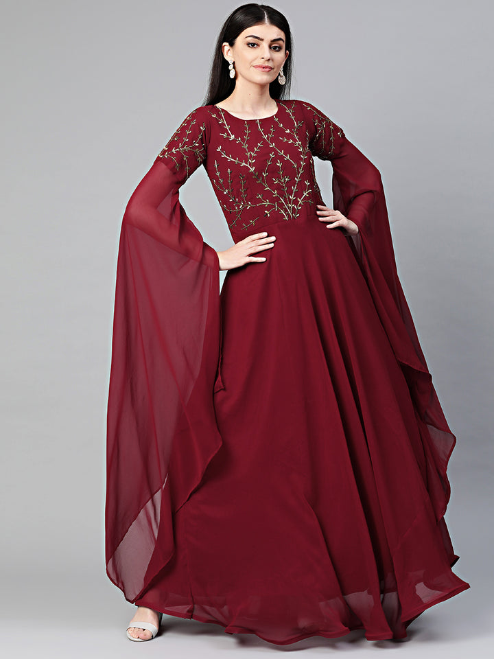 Chhabra 555 Made to Measure Georgette Anarkali Cocktail Gown with Aari, Cutdana embroidery and Batwing Sleeves