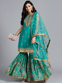 Chhabra 555 Teal Kundan Embroidered Georgette Kurta With printed Sharara and tasseled dupatta