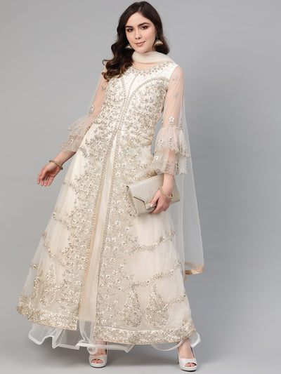 Chhabra 555 Made to Measure Cocktail Gown with Resham Zari Embroidery, Bell sleeves and Assymetrical Layered Hemline