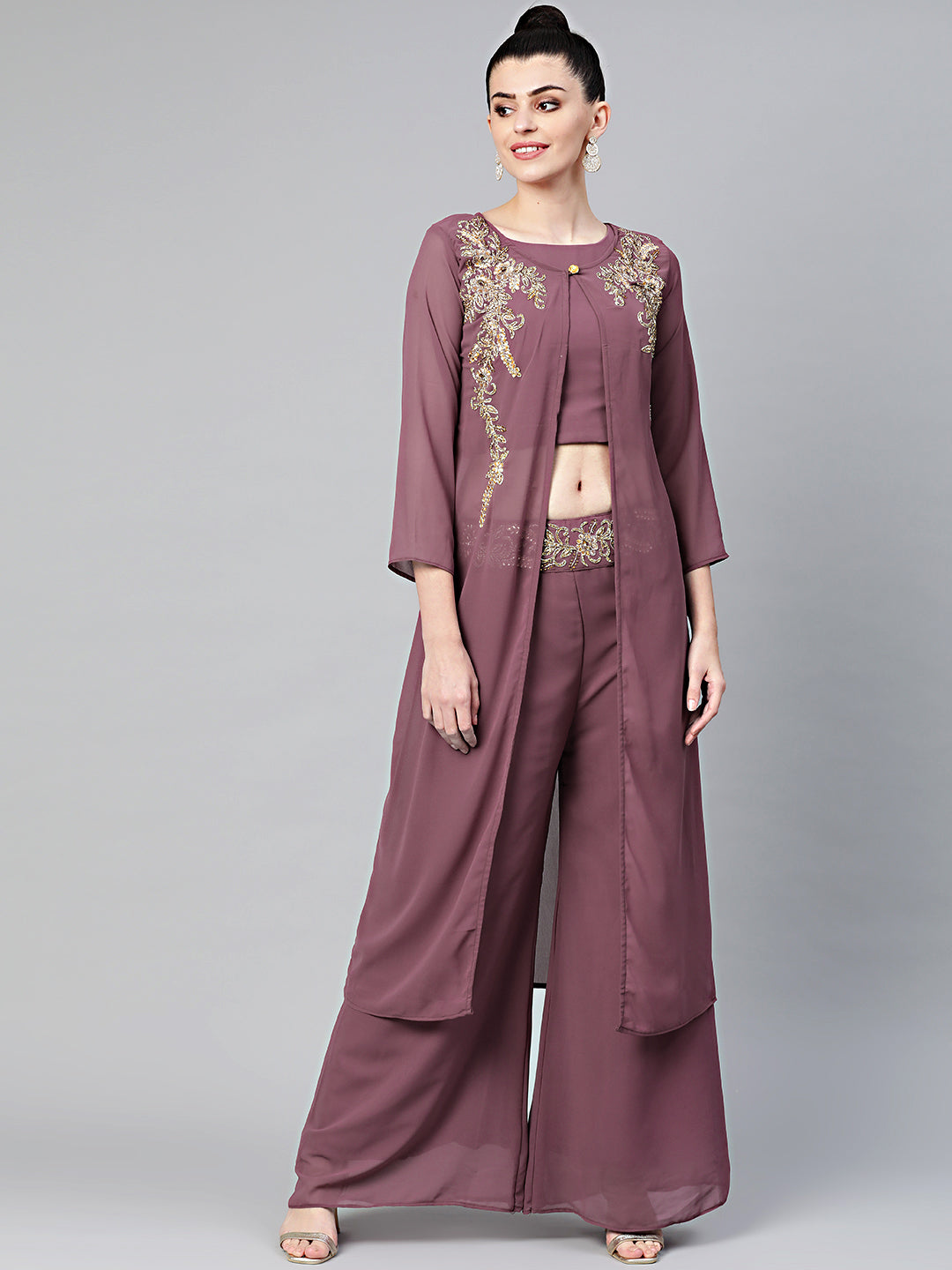 Chhabra 555 Made to Measure Wine Kurta Pallazo Set With front open jacket style kurta and matching blouse and Kundan and Crystal emellishments