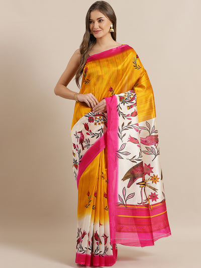 Chhabra 555 Yellow Bhagalpuri Silk Printed Digital Saree with Floral Design and Contrast Rani Blouse