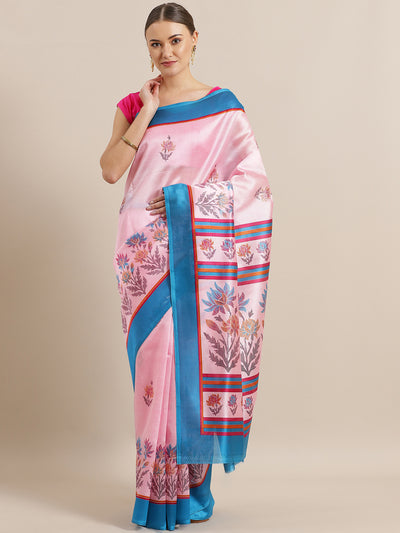 Chhabra 555 Rose Pink Bhagalpuri Silk printed Saree with Floral Digital Design and Contrast Blouse