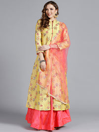 Chhabra 555 Mustard and Magenta Embroidered Silk Crop top Lehanga With Thread Work and all over heavy work Long jacket and beautiful Shirt coller with plain Dupatta  