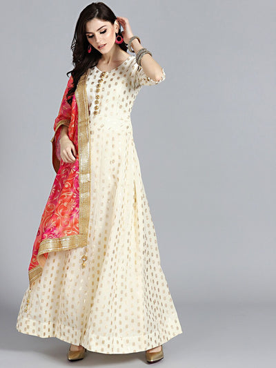 Chhabra 555 OffWhite & Magenta Chanderi Silk Woven Design Embellished Anarkali Kurta Sets With Heavy Chanderi Dupatta 