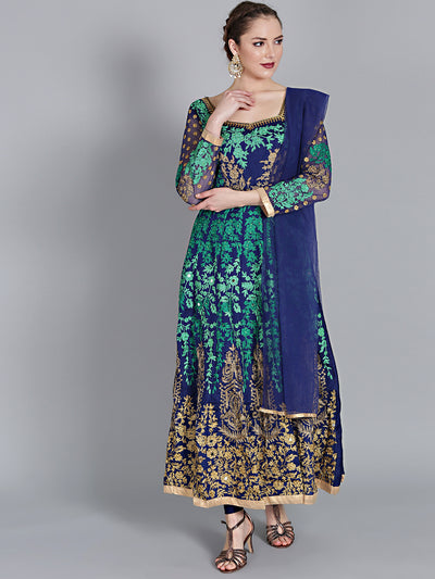 Chhabra 555 Blue and Golden Embellished Gown with Printed Swarovski and Zircon  Work on front neck and beautiful back neck with keyhole with Dupatta