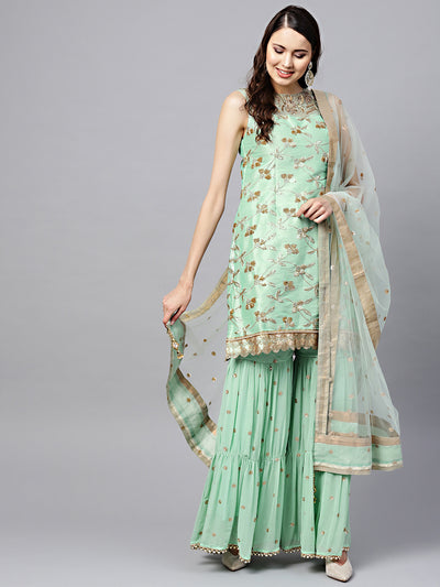 Chhabra 555 Made to Measure Sea Green Kurta Sharara Set with Zari Sequin Embroidery