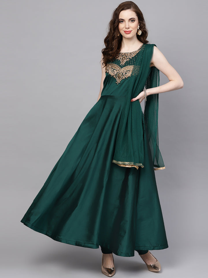 Chhabra 555 Green Silk Made-to-Measure Kurta Set with Zari Embroidery and Jewelled Neckline