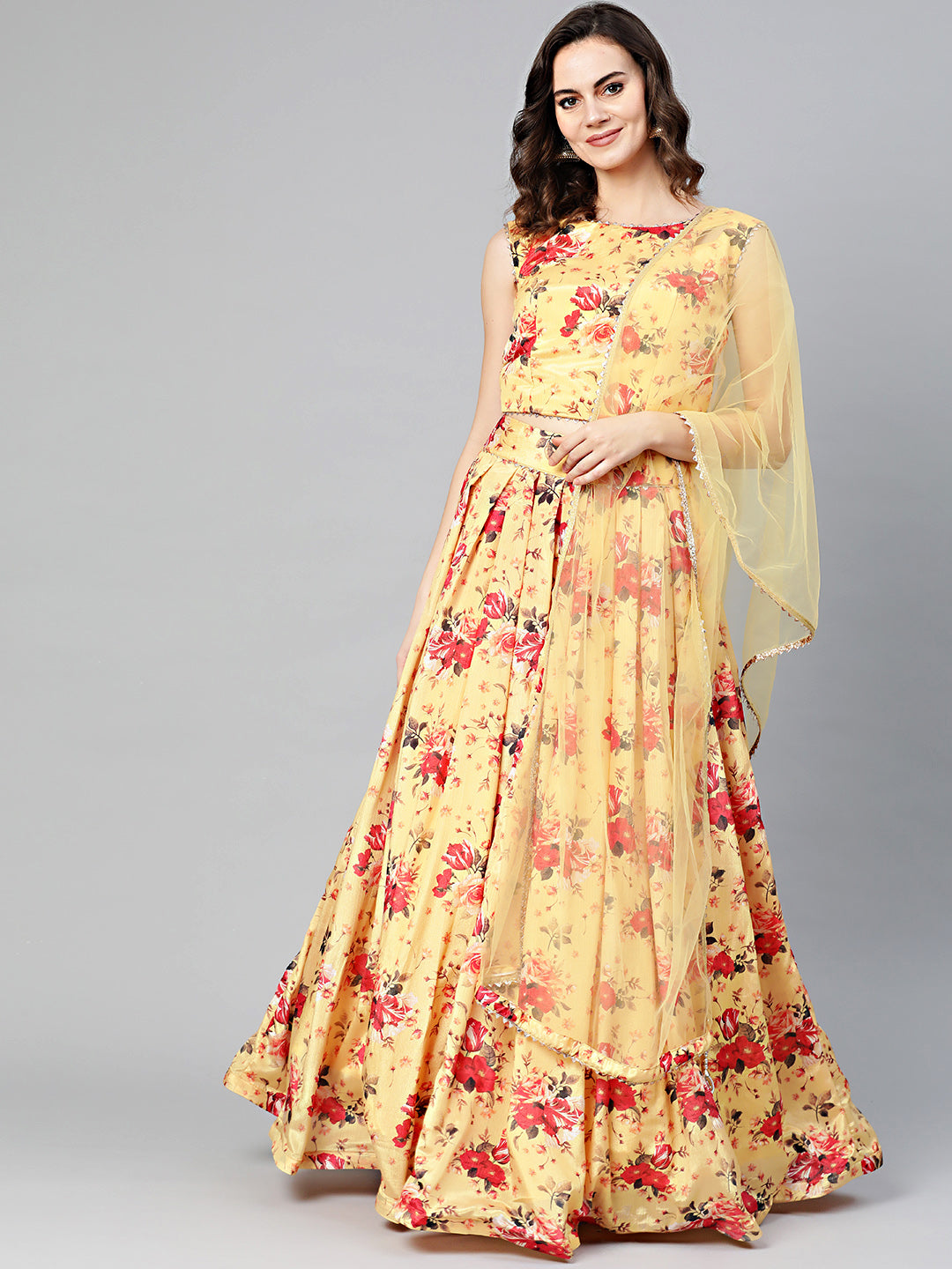 Chhabra 555 Made-to-Measure Digital Print Crop Top Lehenga Set with Pleated Skirt and Gota Patti Borders