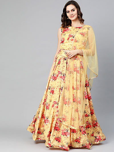 Chhabra 555 Made-to-Measure Digital Print Crop Top Lehenga Set with Pleated Skirt and Gota Patti Borders