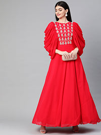 Chhabra 555 Made to Measure Georgette Anarkali Cocktail Gown with Kundana and Crystal embellishments and Ruffled sleeves