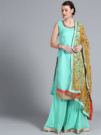 Chhabra 555 Aqua Blue Rubber Print Organza Kurta and pallazo with Floral embroidery Yellow Dupatta