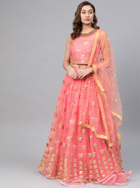 Chhabra 555 Made-to-Measure Crop Top Lehenga Set with Applique patchwork lotus motifs, ruffled hemline and kundan embroidered neckline