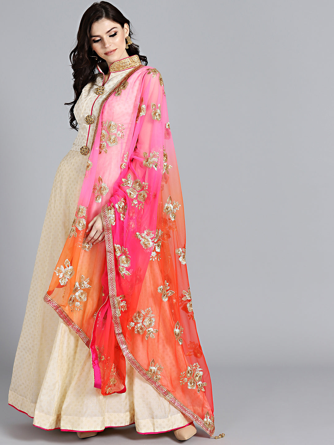 Chhabra 555 Offwhite & Orange Art Silk Foil Print Embellished Stitched Anarkali Kurta Set With Heavy Net Dupatta