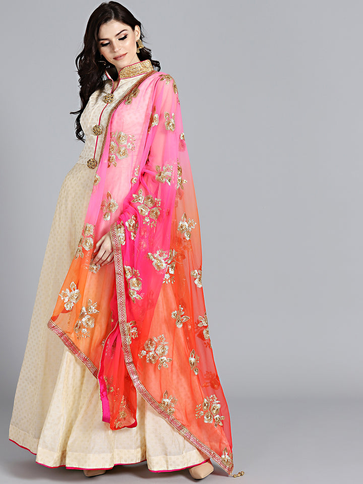Chhabra 555 Offwhite & Orange Art Silk Foil Print Embellished Stitched Anarkali Kurta Set With Heavy Net Dupatta