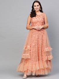 Chhabra 555 Dusky PInk Cocktail Gown with Pearl Glitter embellishements, Ruffled hemline and cutwork dupatta