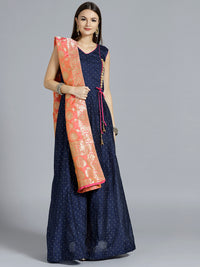 Chhabra 555 Bright Blue Angrakha Style Embellished Kurta with contrast Coral Banarasi Handloom Dupatta