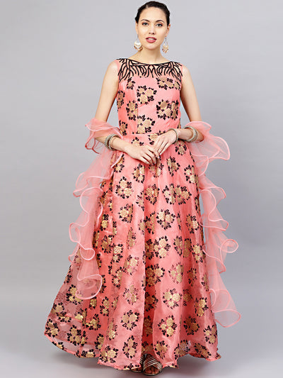 Chhabra 555 Pink Embellished Organza Gown with Gold Black Foil And Flock Print and Ruffled dupatta
