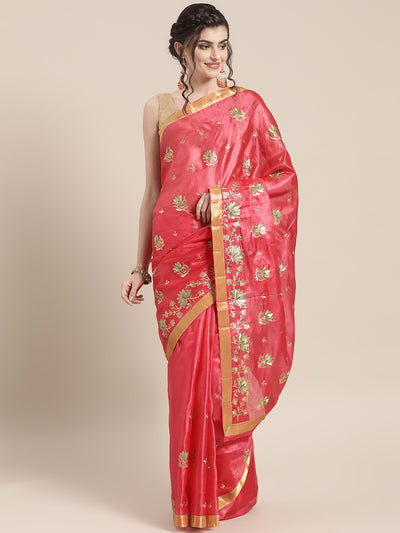 Chhabra 555 Tussar silk saree with traditional Floral Zari motifs and Lotus Embroidery Zari border