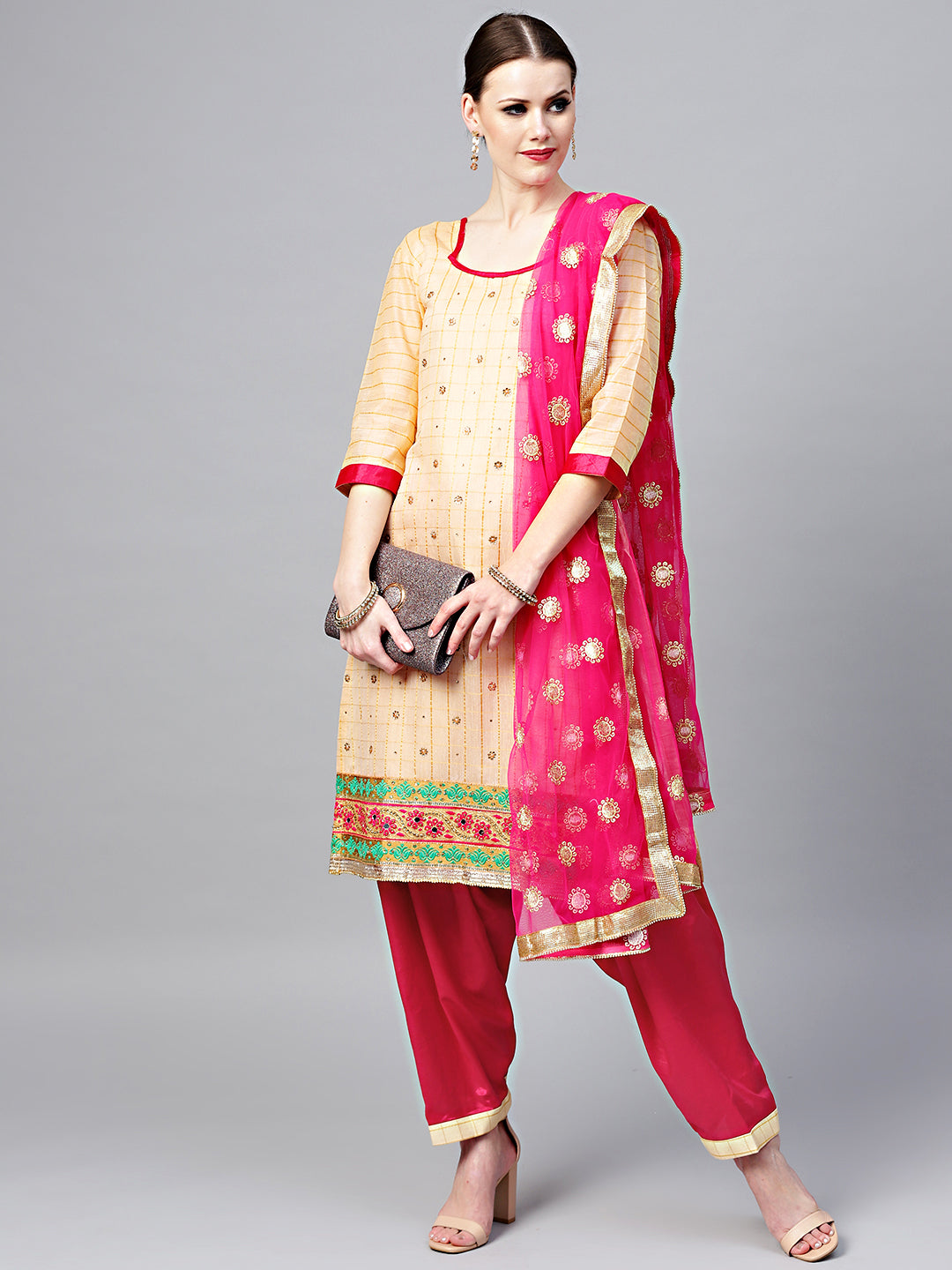 Chhabra 555 Chanderi Dress Material with Crystal Embellishements and Embroidered Border, Dupatta