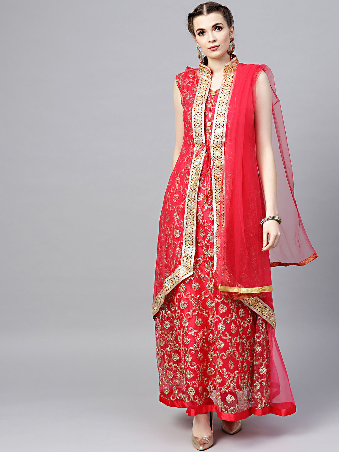 Chhabra 555 Made-to-Measure Red Net Anarkali Kurta Set with Zari embroidery and matching jacket