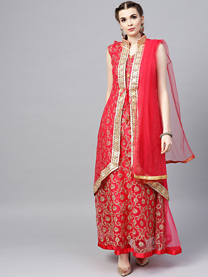 Chhabra 555 Made-to-Measure Red Net Anarkali Kurta Set with Zari embroidery and matching jacket