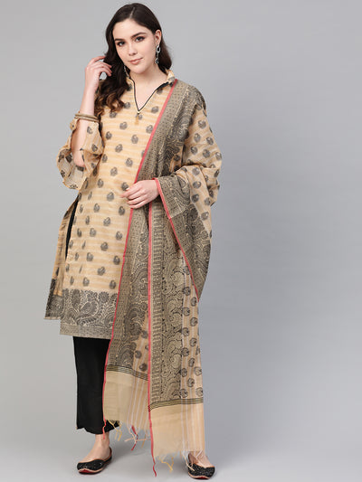 Chhabra 555 Beige Banarasi Handloom Dress Material with Zari Resham Weaving and Tassled dupatta
