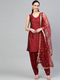 Chhabra 555 Made to Measure Maroon Kurta Set With Crystal embelishments, Patiala Salwar and Embroidered Dupatta