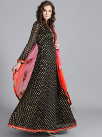 Chhabra 555 Black & Orange Khadi Georgette Woven Design Embellished Stitched Anarkali Kurta Set With Heavy Net Dupatta