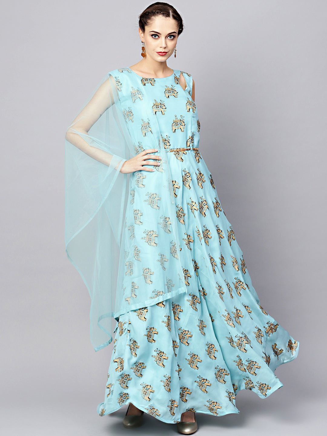 Chhabra 555 Turquoise Embellished Animal Print Dress with Belt, Dupatta and Cut-out keyhole pattern