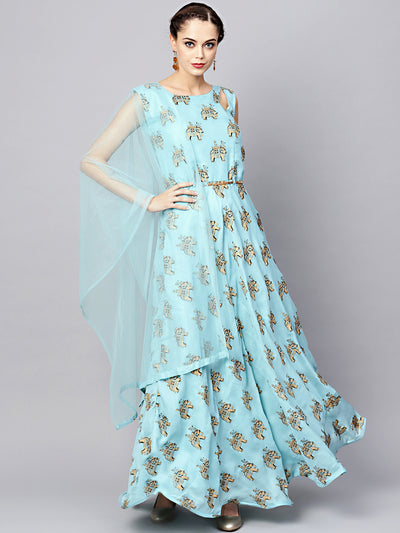 Chhabra 555 Turquoise Embellished Animal Print Dress with Belt, Dupatta and Cut-out keyhole pattern